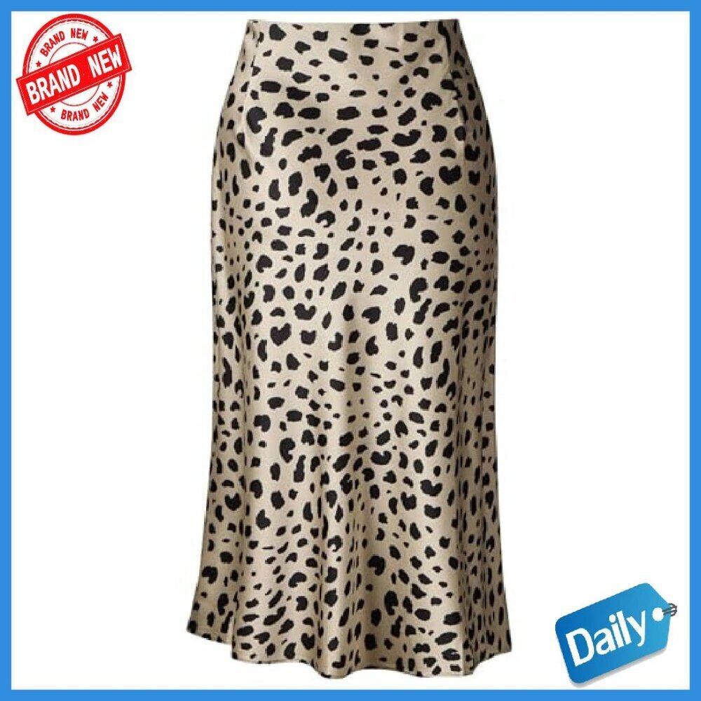 Silk Satin Midi Skirt High Waist Elastic Leopard Print Women's - Picture 3 of 7